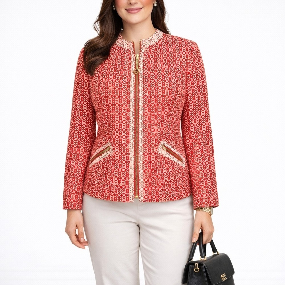 JONES NEW YORK Size Large Red‎ White Jacquard 100% Cotton Full Zip Blazer Jacket - Picture 3 of 13
